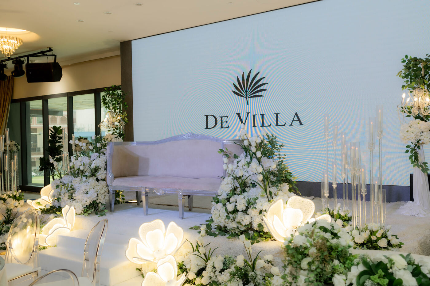 Decorated event table with floral styling